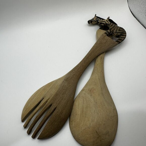 Wooden Salad Servers Serving Spoon & Fork With Zebra Handle 11-12” - Picture 4 of 4